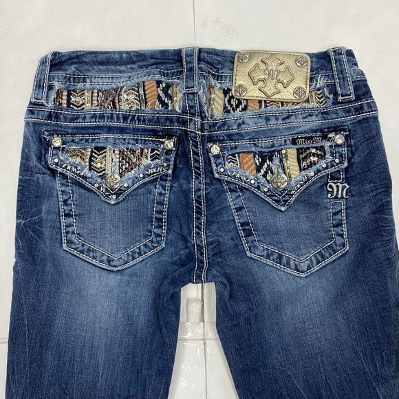 Miss Me Jeans 27x30 Signature Skinny Blue Denim Embellished Flap Pocket Aztec - Picture 2 of 11